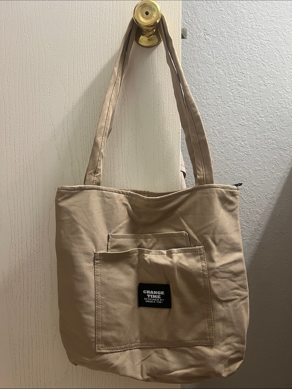 Casual Beige Messenger Tote with Front Pocket